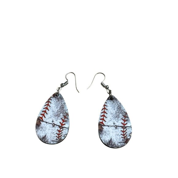 Baseball Teardrop Earrings Silvertone Hooks Rustic Retro 1.5 inches - Picture 1 of 3